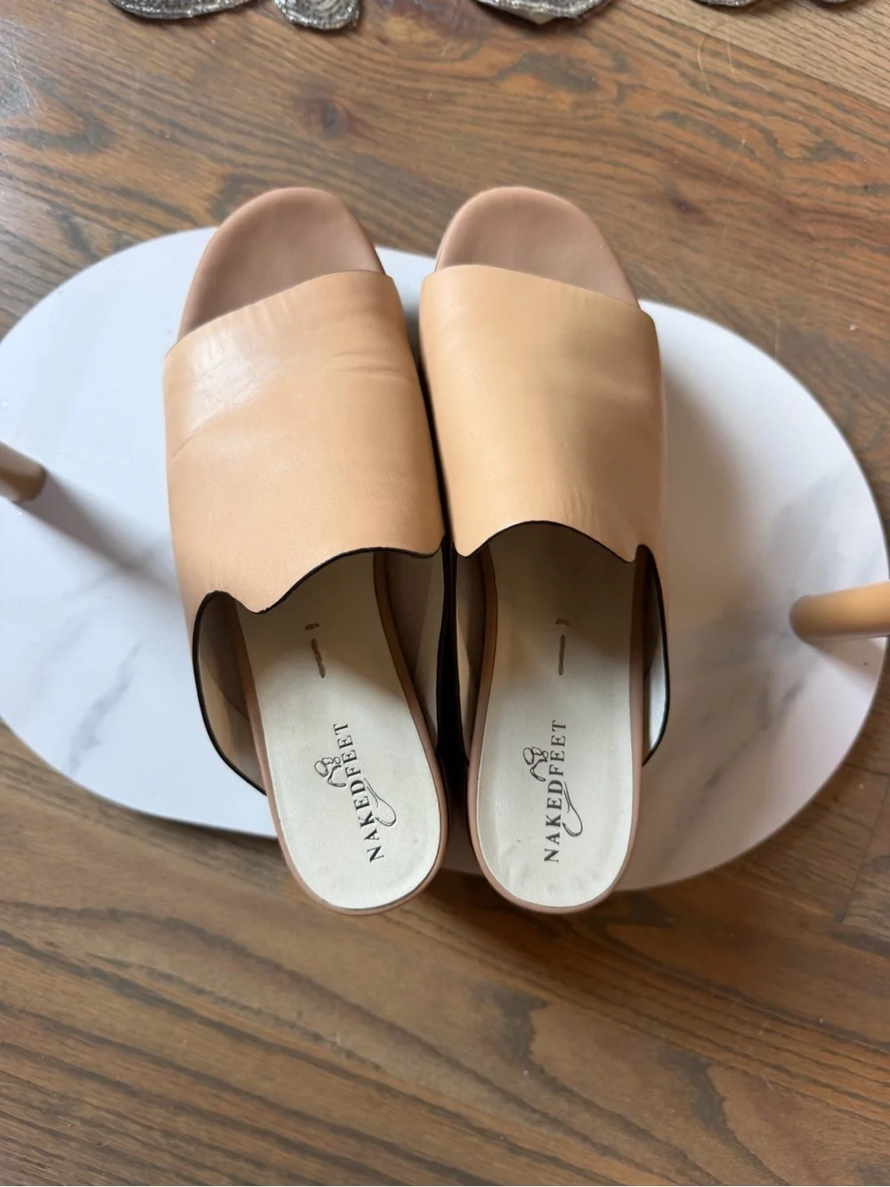 Naked Feet Tan Slide Platform with Pink and White Stripe Sole
